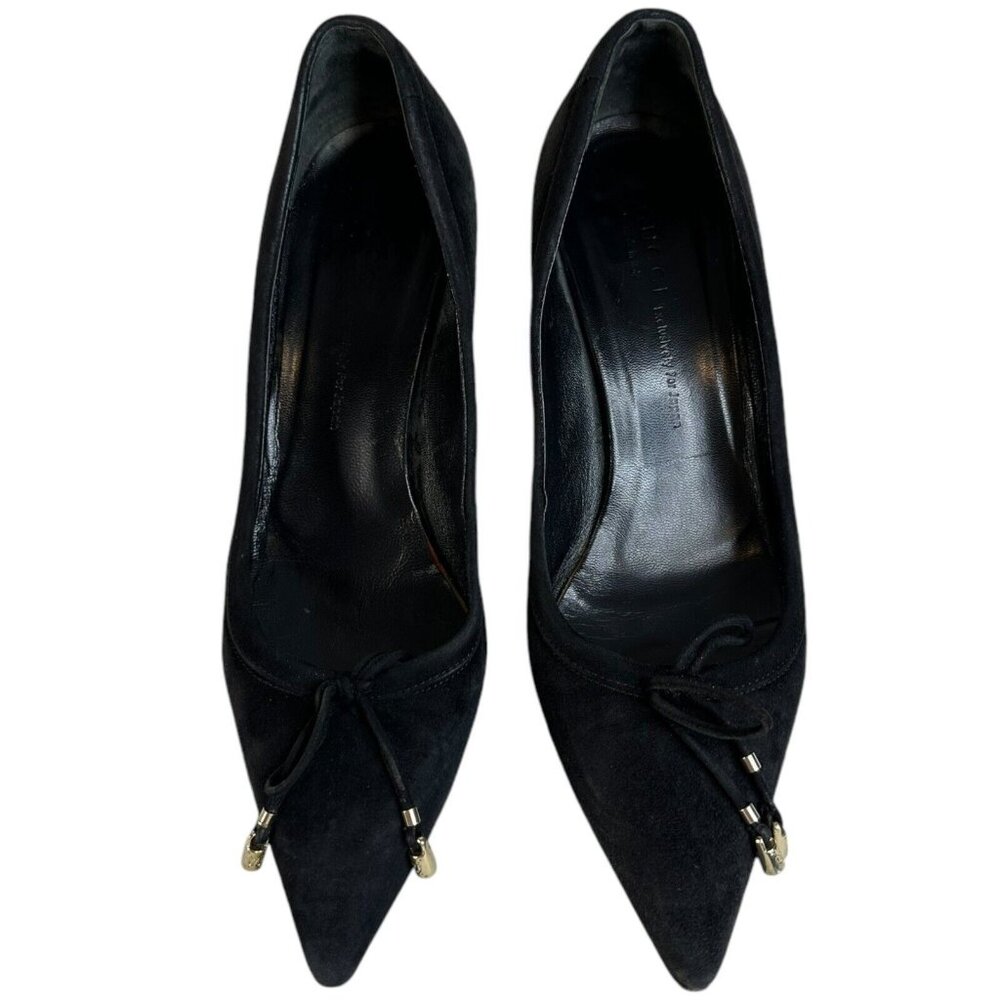 GUCCI Pump Kitten Heels Suede Leather US 6 EU 36.5 Black Pointed Toe Bow Logo